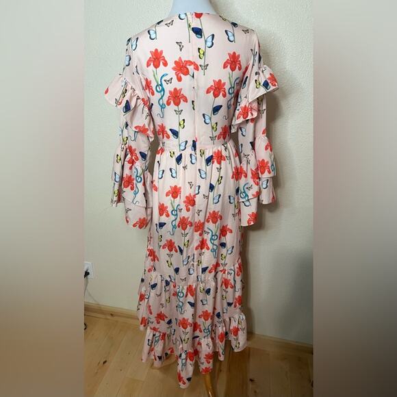 Borgo De Nor Luna pink floral long ruffle sleeves midi dress NEW UK10 / US6 - Picture 6 of 10